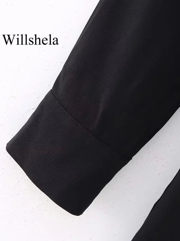 Women Fashion With Belt Black Single Breasted Midi Dress Vintage Lapel Neck Long Sleeves Female Chic Lady Dresses