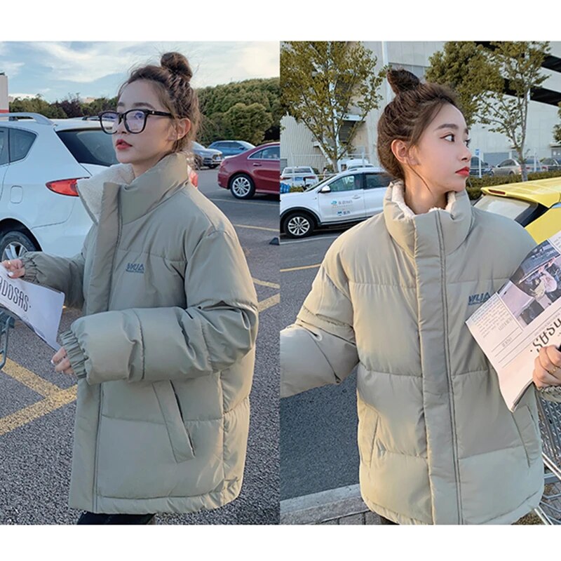 Womens Khaki Reversible Down Jackets Winter Baggy Comfortable Coat Thickening Warm Female Puffer Cotton Padded Jacket Outwear Army Green
