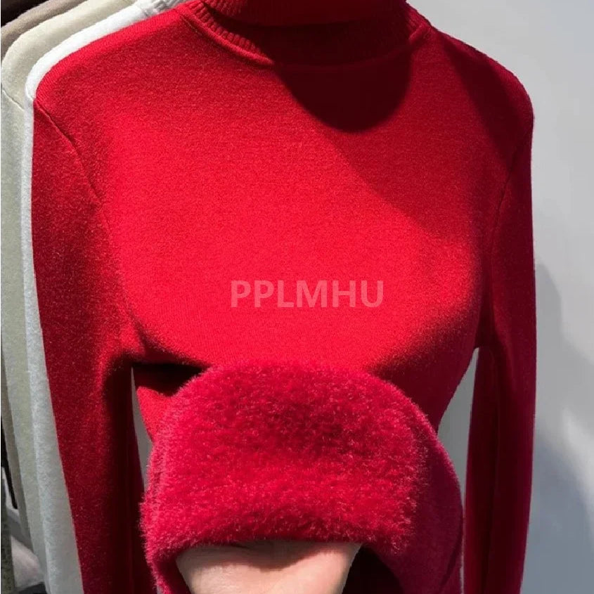 Warm Knit Pullover New Thicken Turtleneck Sweater For Winter Women Casual Slim Plush Lined Soft Long Sleeve Knitwear Jumper Tops basic red