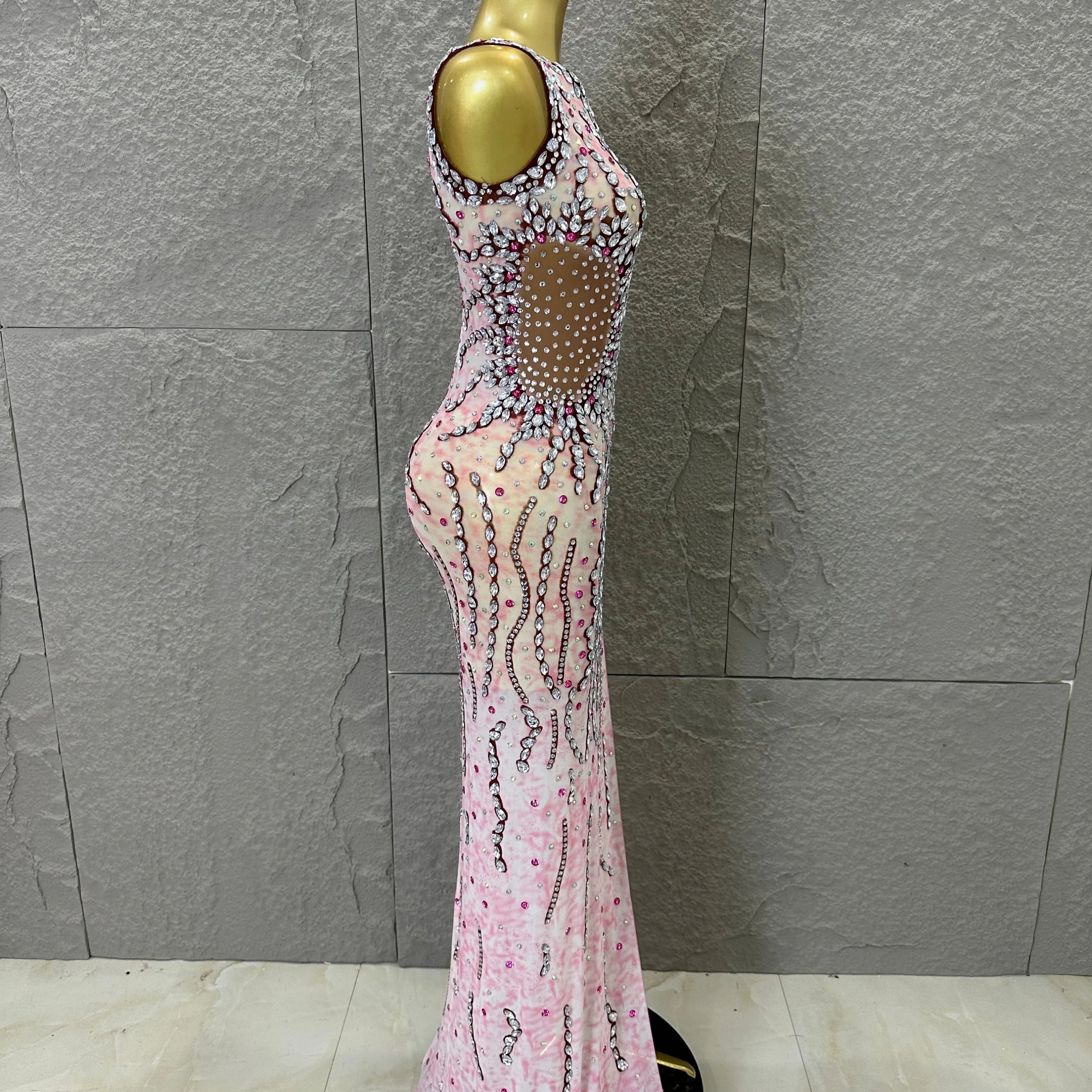 Women Sexy One-Shoulder Crystal Rhinestone Cutout High Slit Sheer Mesh Bodycon Outfit Stage Performance Evening Party Costume