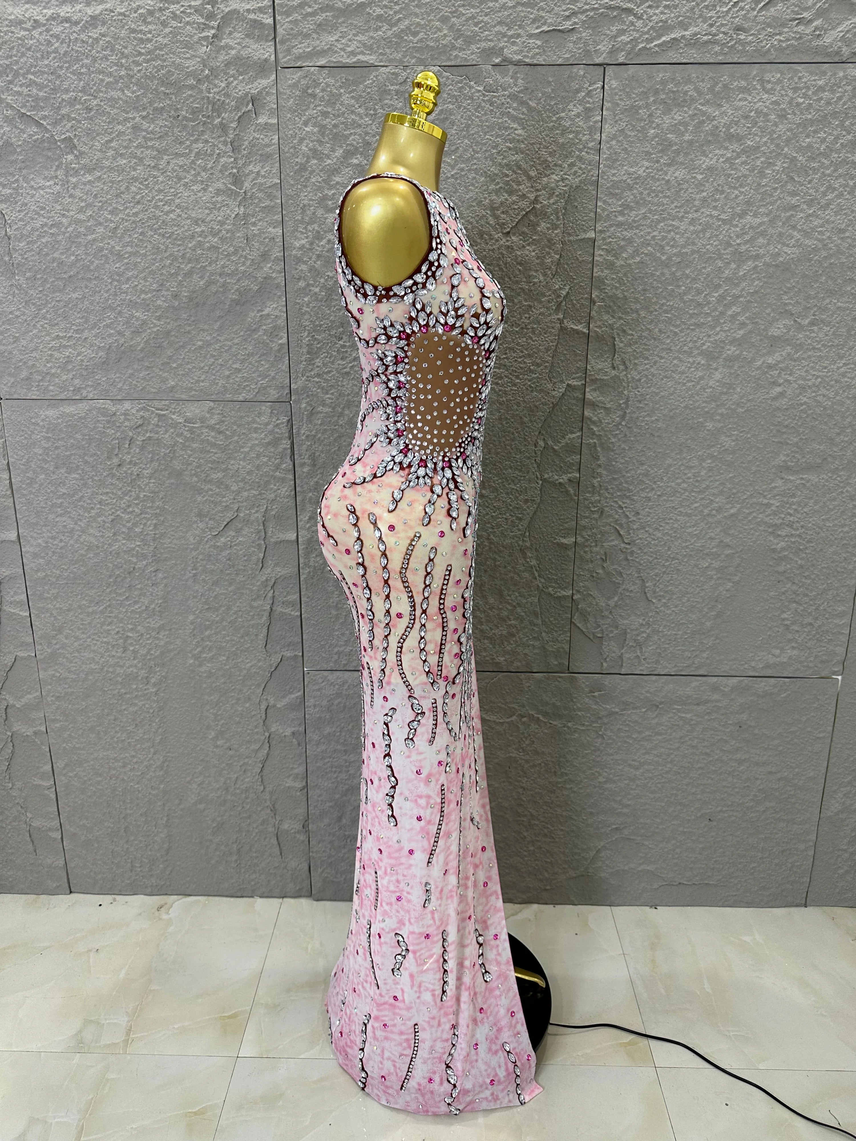 Women Sexy One-Shoulder Crystal Rhinestone Cutout High Slit Sheer Mesh Bodycon Outfit Stage Performance Evening Party Costume