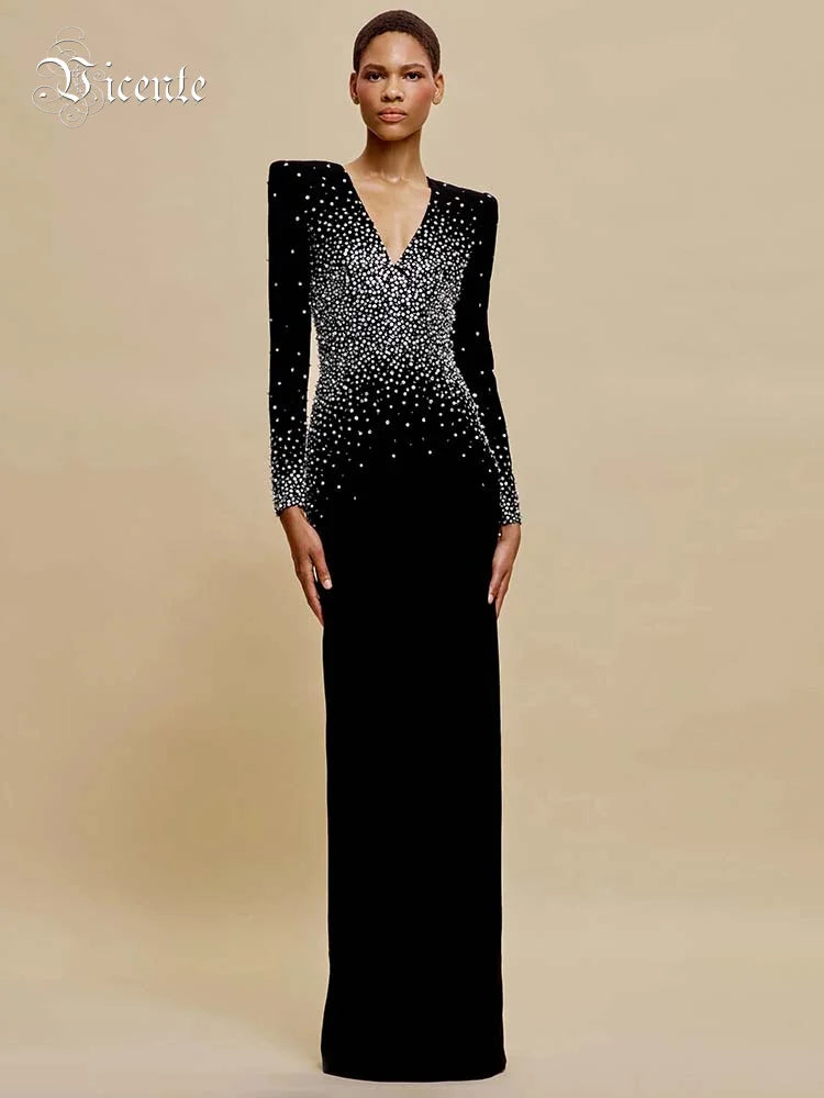 Black Long Sleeves Pearls Embellished Long Dress For Women V Neck Beaded Celebrity Party Evening Gowns Vestidos