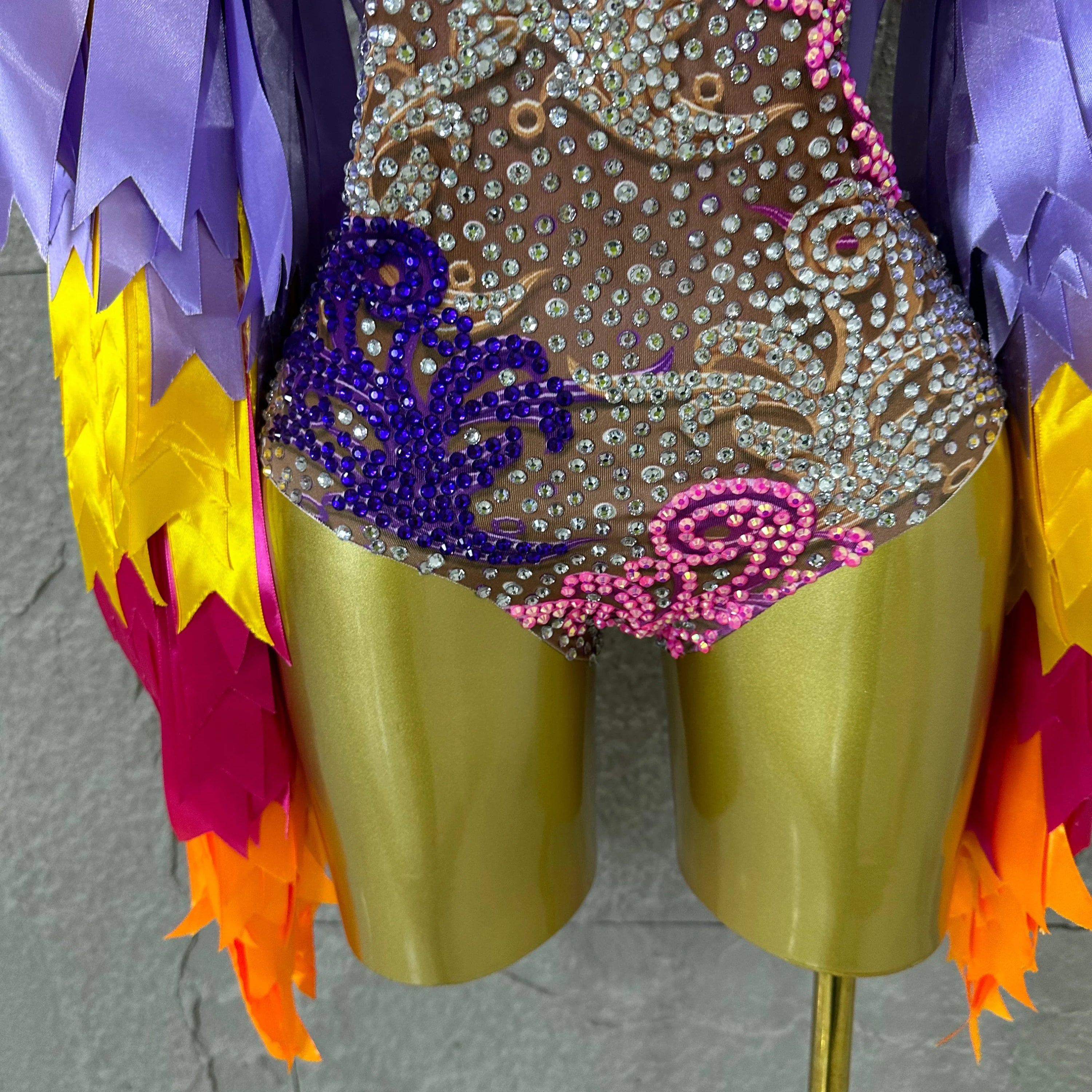 Sexy 2026 High Neck Sheer Mesh Bodysuit Women Purple Pink Crystal Fringe Long Sleeve Outfit Luxury Drag Queen Costume