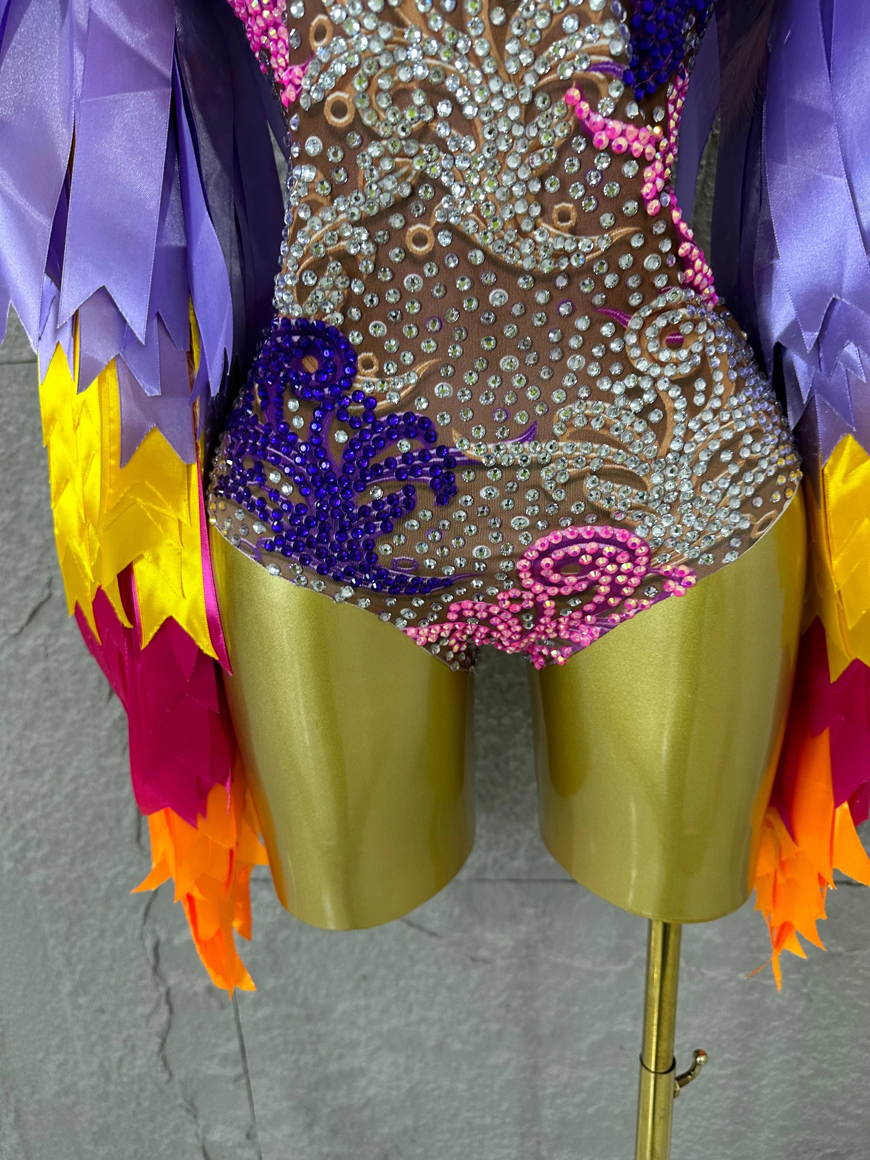 Sexy 2026 High Neck Sheer Mesh Bodysuit Women Purple Pink Crystal Fringe Long Sleeve Outfit Luxury Drag Queen Costume