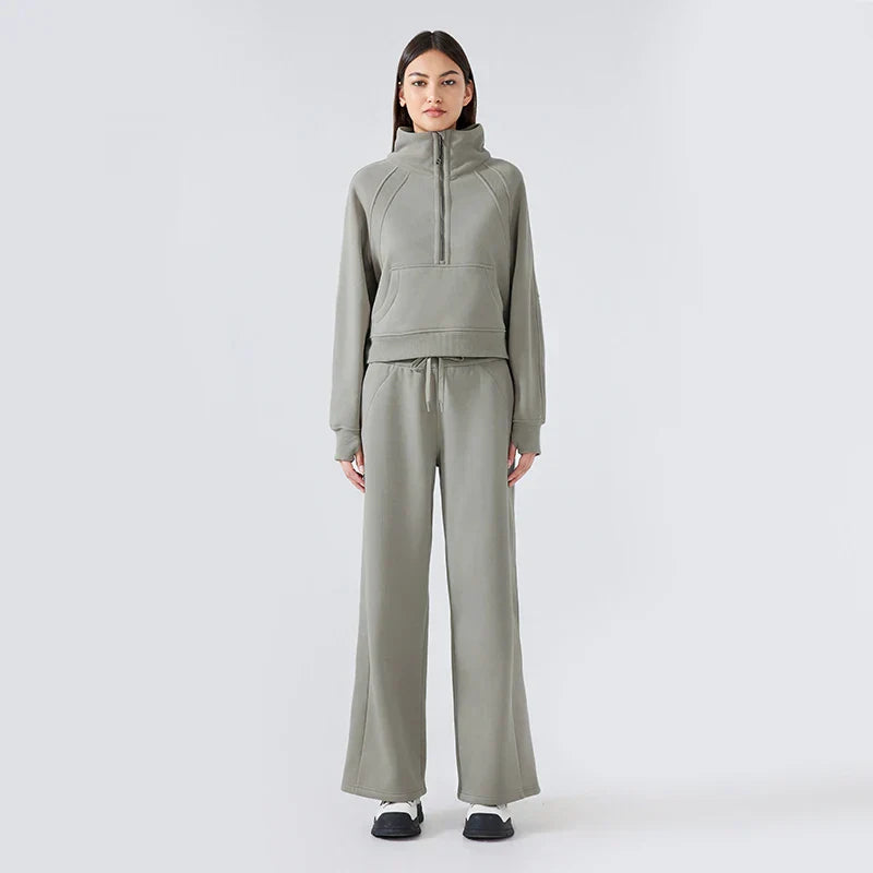 Autumn New Half Zipper High Stand Collar Pullover Top for Women's , Warm and Fleece Thick Sports Hoodie for External Wear