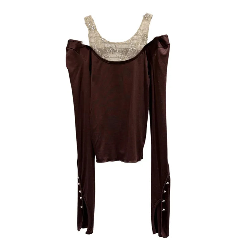 Winter New Sweet Fashion Embroidered Lace Collar Patchwork Design Stretch Long Sleeve T-shirt For Women 11A07863