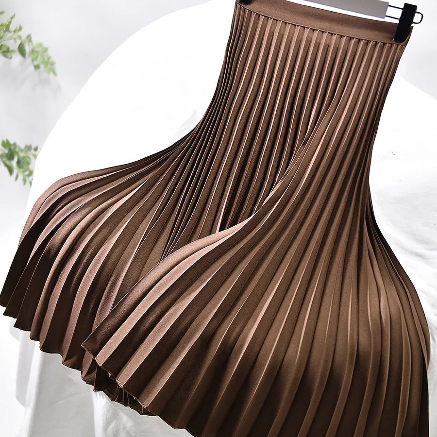 Brand Designer Women Spring Autumn Elegant Chic Solid Pleated Skirt High Waist Luxury Fashion With Elastic Female C-035 Brown