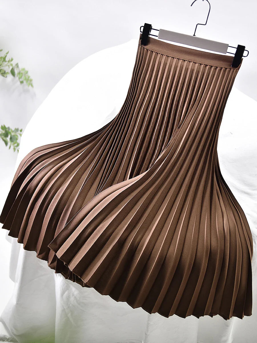 Brand Designer Women Spring Autumn Elegant Chic Solid Pleated Skirt High Waist Luxury Fashion With Elastic Female C-035 Brown