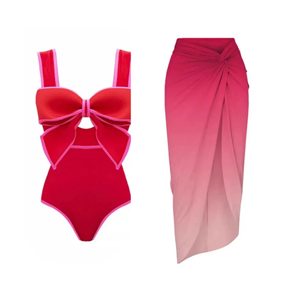 One Piece Swimsuit with Maching Midi Skirt Skirt for Women New Swimwear Female Bow Tie Decor Monokini Beach Bathing Suit 2