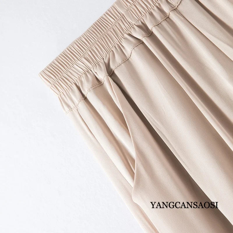 Women's Fashion Spring/Summer New Commuter 96%Natural Mulberry Silk Elastic Double Qiao Beige Wide Leg Casual Pants