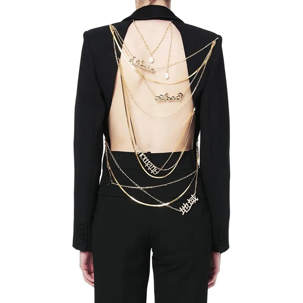Backless Spliced Button Blazers For Women Notched Collar Long Sleeve Patchwork Chain Chic Blazer Female Fashion New Black
