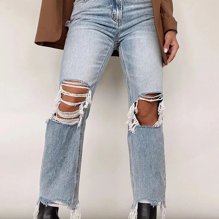 Summer Women Stretch Skinny Ripped Jeans High Waist Baggy Vintage Light Blue Girls Pants Narrow Straight Leg Fashion Trousers Blue