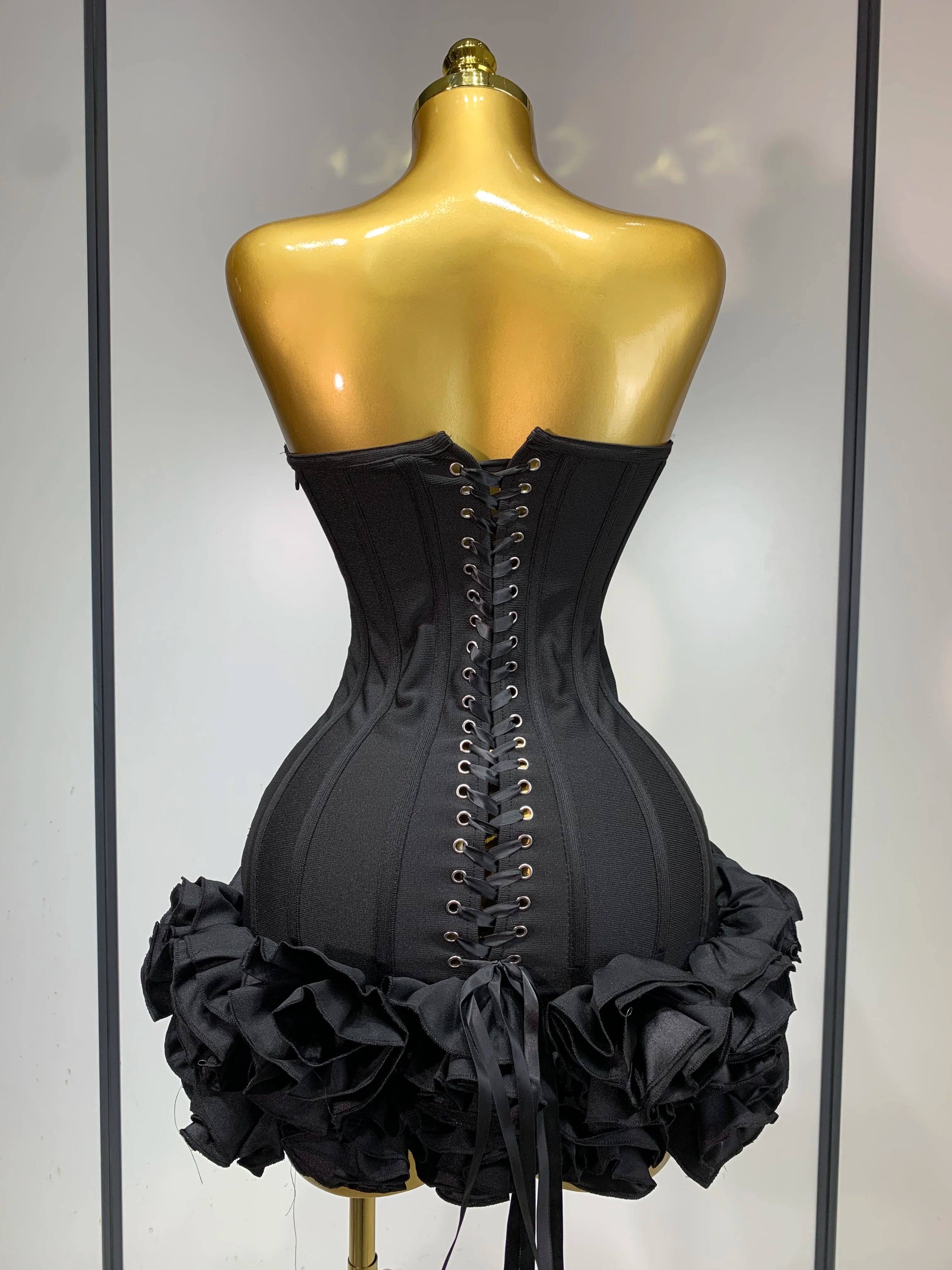 Women Evening Bandage Dress Strapless Bodycon Flowers Mini Celebrity Sexy Birthday Party Dresses Photo Shoot Nightclub Outfit