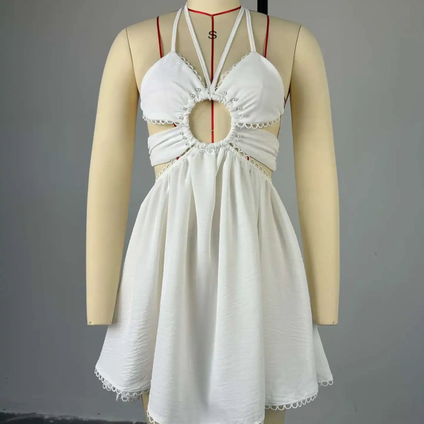 2024 Women Halter Strap Sleeveless Mini A-Line Dress Sexy Beading Backless Streetwear Evening Night Club Party Dresses