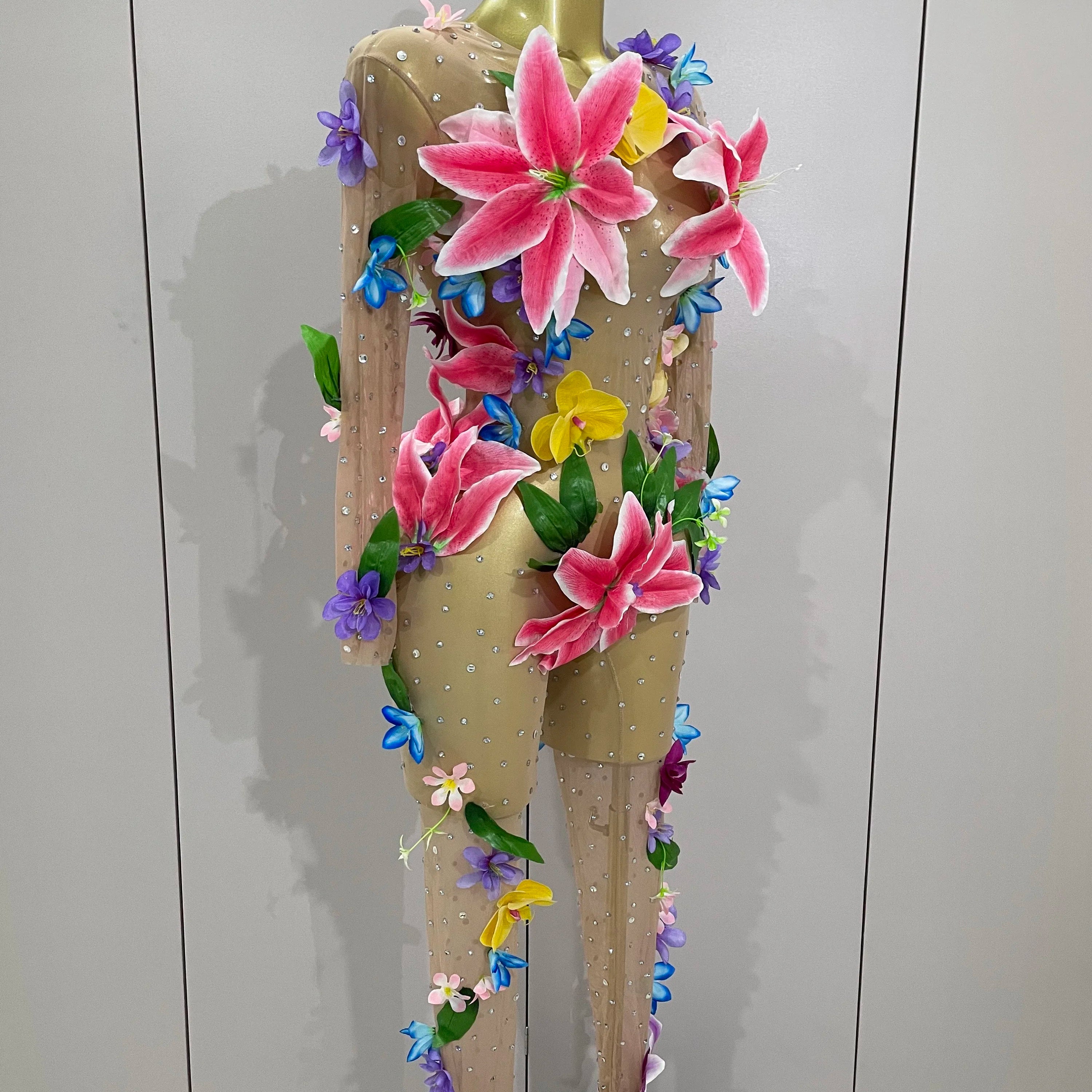 2025Sparkly Rhinestones 3D Flower Nude Mesh Transparent Jumpsut Women Evening Party Birthday Nightclub Performance Stage Costume