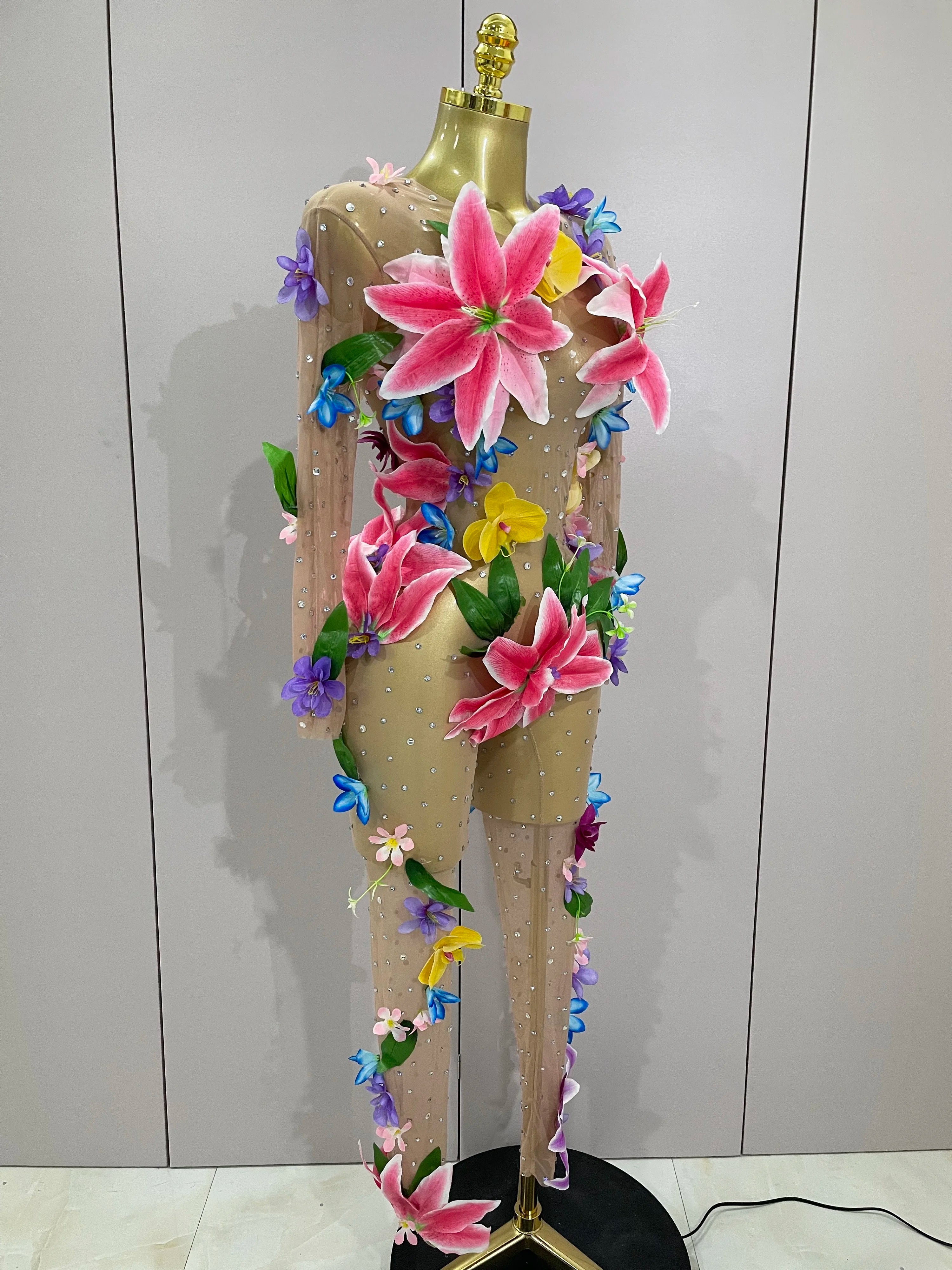 2025Sparkly Rhinestones 3D Flower Nude Mesh Transparent Jumpsut Women Evening Party Birthday Nightclub Performance Stage Costume