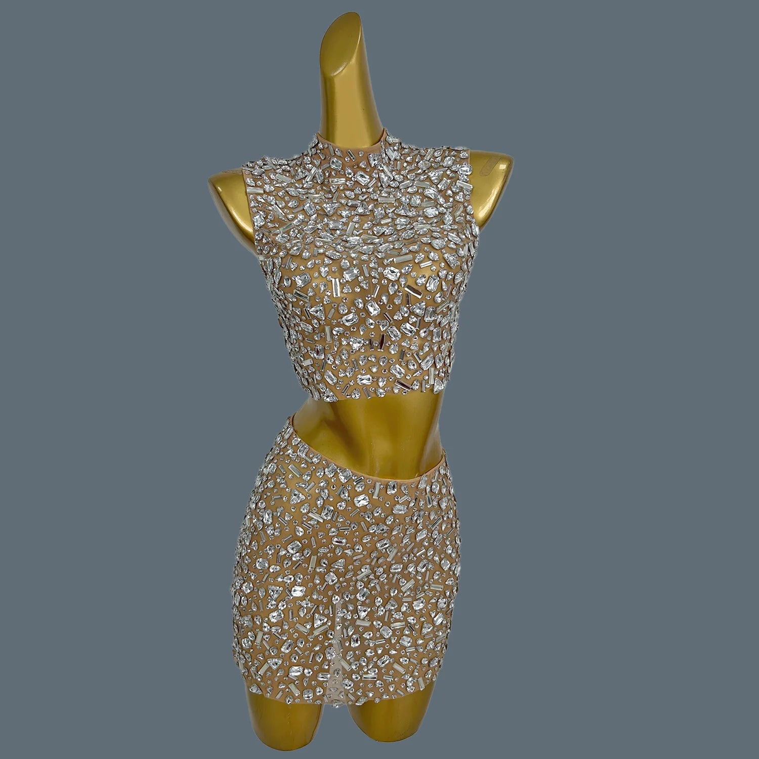 High-end Sparkly Crystals Backless Crop Tops Mini Skirt 2Pieces Set Sexy Women See Through Mesh Festival Party Outfit Shihualuo as shown