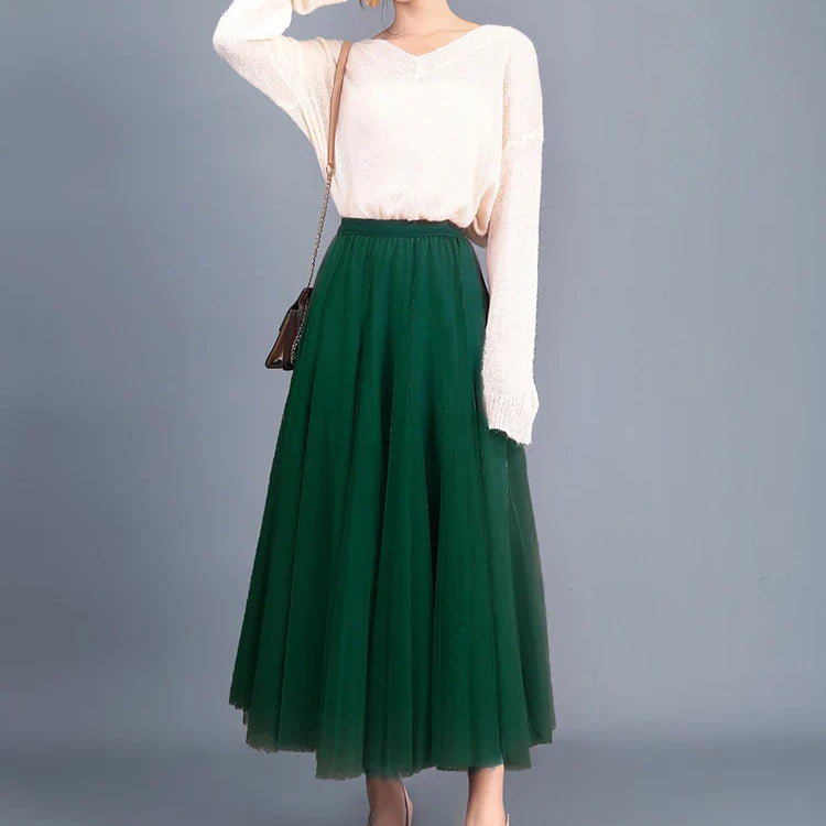 Jielur Skirts Womens Autumn 3 Layers Princess Tulle Mesh Pleated Skirt Saia Female Jupe Summer Tutu Skirts Faldas Mujer Moda dark green One Size
