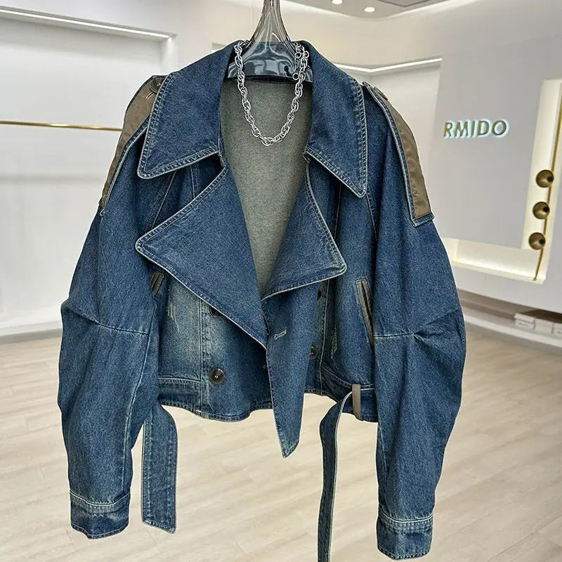 [ZOCI] Worn Leather Patchwork Denim Jacket Women A Sense Of Design Niche Casual Loose Fitting Short Westernized Retro Blue