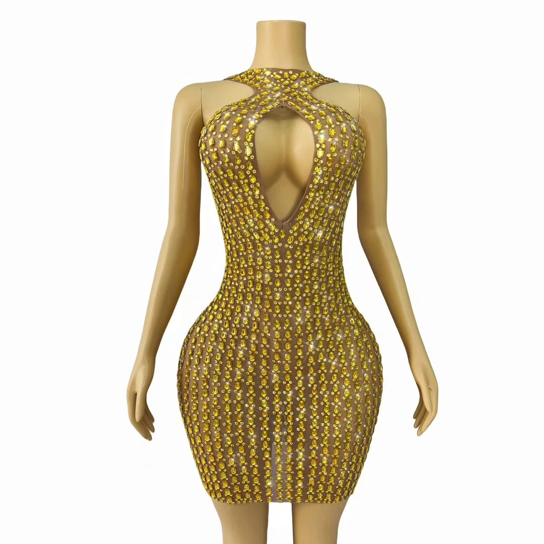 New Sexy Hollow out Mini Dress Women's Bodycon Wrap Dress Birthday Party Sparkly Golden Rhinestone Club Evening Dress liusixian AS PHOTO