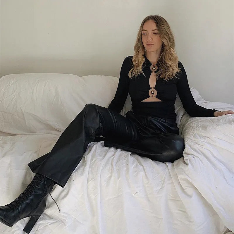 Sexy Hollow Out Long Sleeve Bodysuit Metal Ring Connection Fashion Folds Women Bodice Black Bodycon Party Clubwear Top