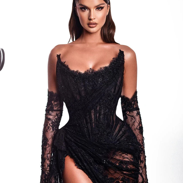 Black Lace Maxi Dress Women Sexy Strapless Long Sleeve Gloves Design High Split Party Dresses Gowns