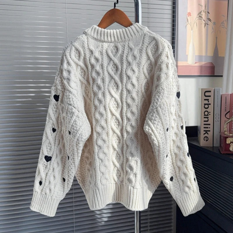 Autumn Winter New Fashion Heart Twist Sweater For Women Long Sleeve Loose Versatile Design Knitted Top Female 11A07872