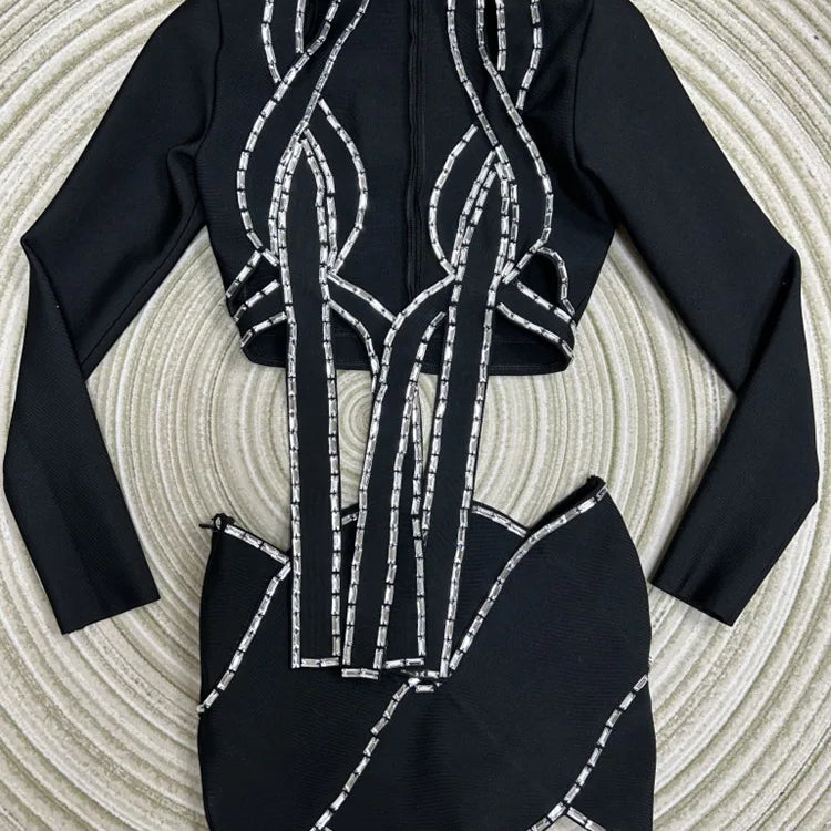 2023 Women Long Sleeve Sexy Tops Bodycon Skirt Mini Set Rayon Bandage Fashion High Street Women's Set