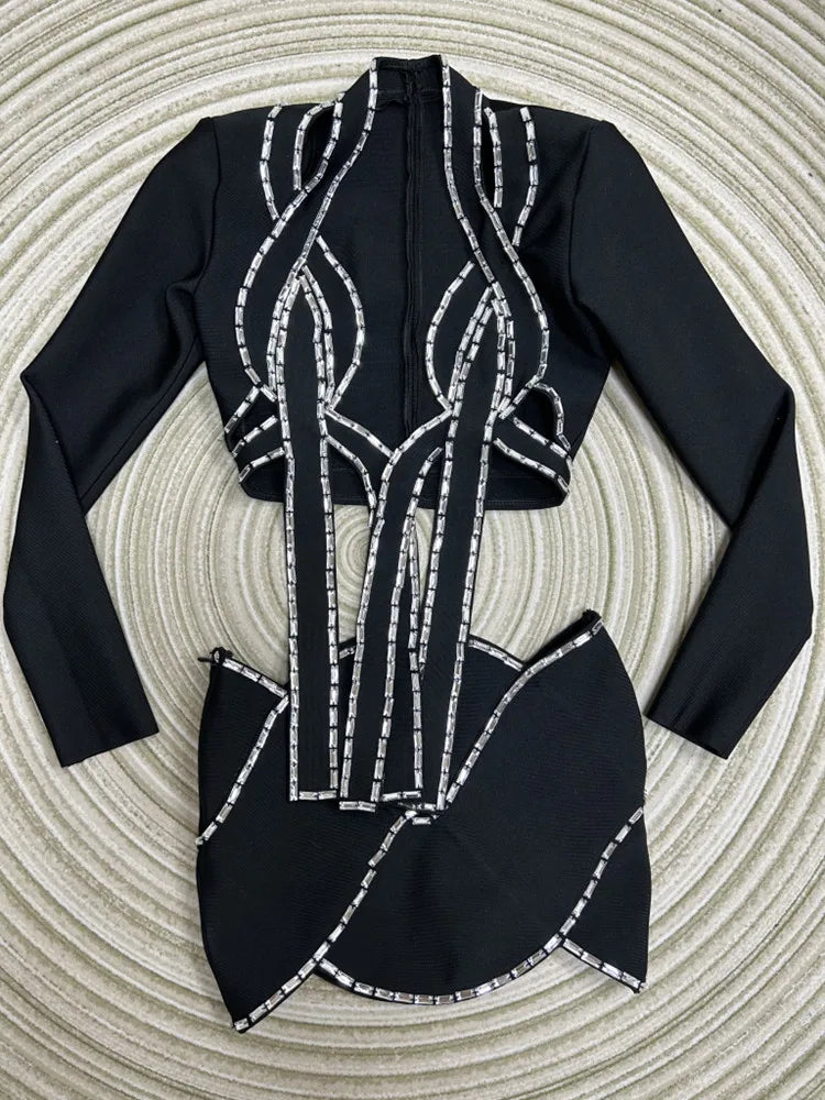 2023 Women Long Sleeve Sexy Tops Bodycon Skirt Mini Set Rayon Bandage Fashion High Street Women's Set