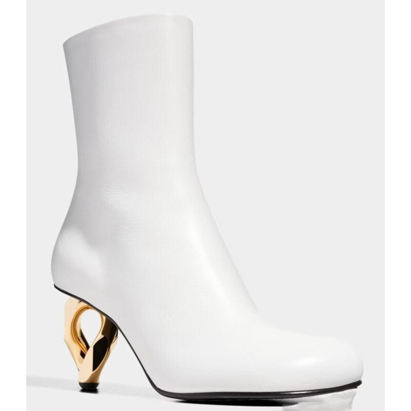 Spring and Autumn Women's New Metal Shaped High Heels Fashion Pointed Short Boots Sexy Model Show Large Women's Boots