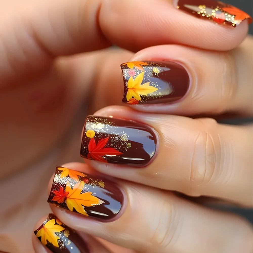 Short middle square ballet fake nails sparkling plant flowers maple leaves gradient Peacock feathers press on false nails set 1685