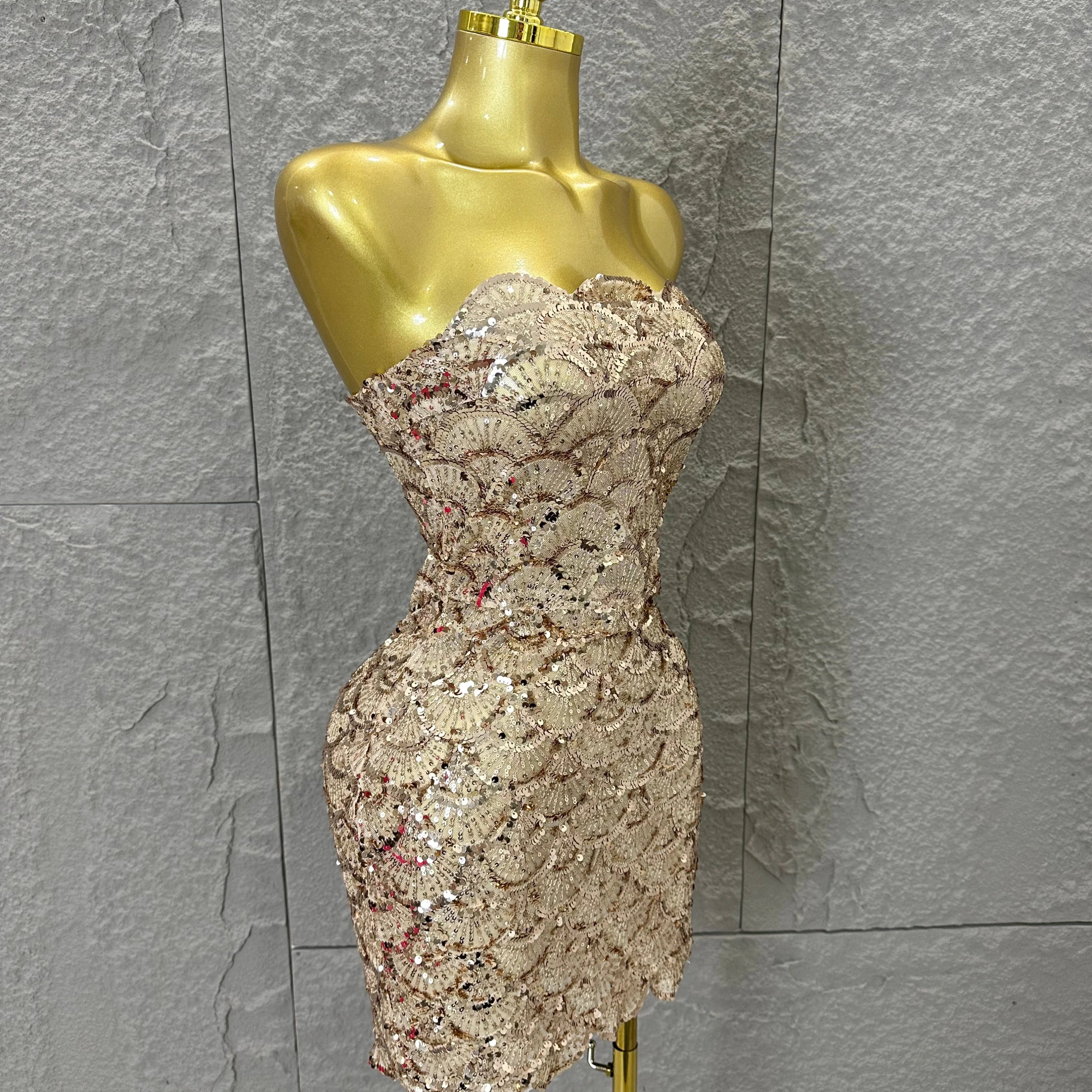 Elegant Silver Champagne Gold Strapless Mini Dress Women Sexy Sequin Form-Fitting Evening Party Nightclub Cocktail Party Costume