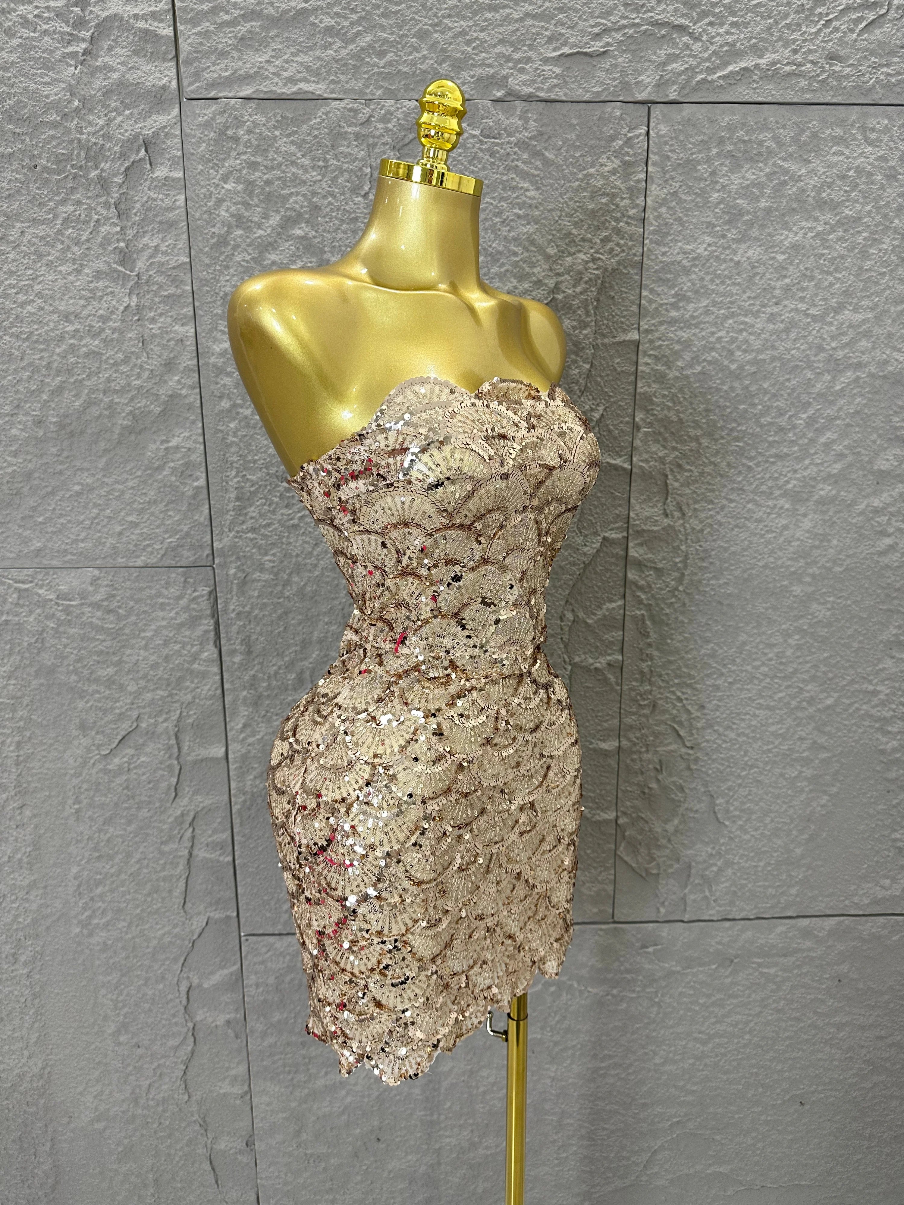 Elegant Silver Champagne Gold Strapless Mini Dress Women Sexy Sequin Form-Fitting Evening Party Nightclub Cocktail Party Costume