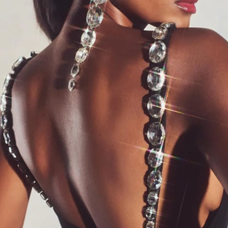 Women Celebrity Sexy V Neck Beading Rhinestone Black Mini Bodycon Bandage Dress Elegant Evening Club Party Dress