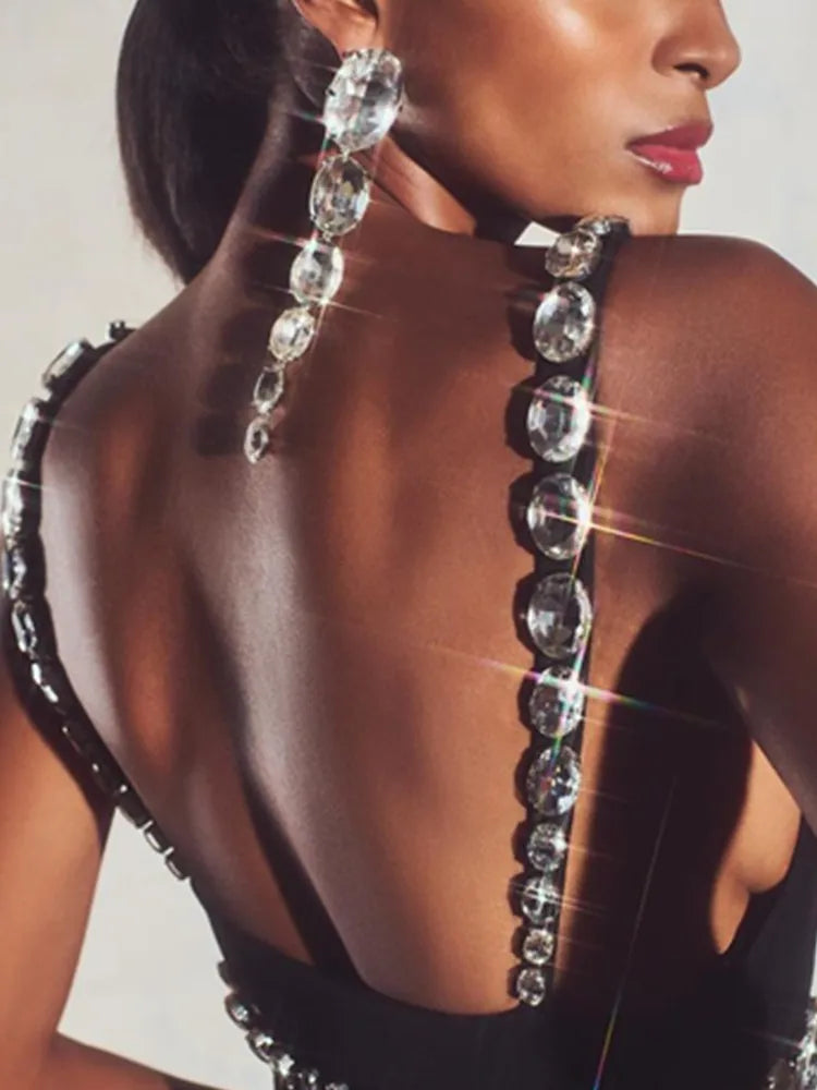 Women Celebrity Sexy V Neck Beading Rhinestone Black Mini Bodycon Bandage Dress Elegant Evening Club Party Dress