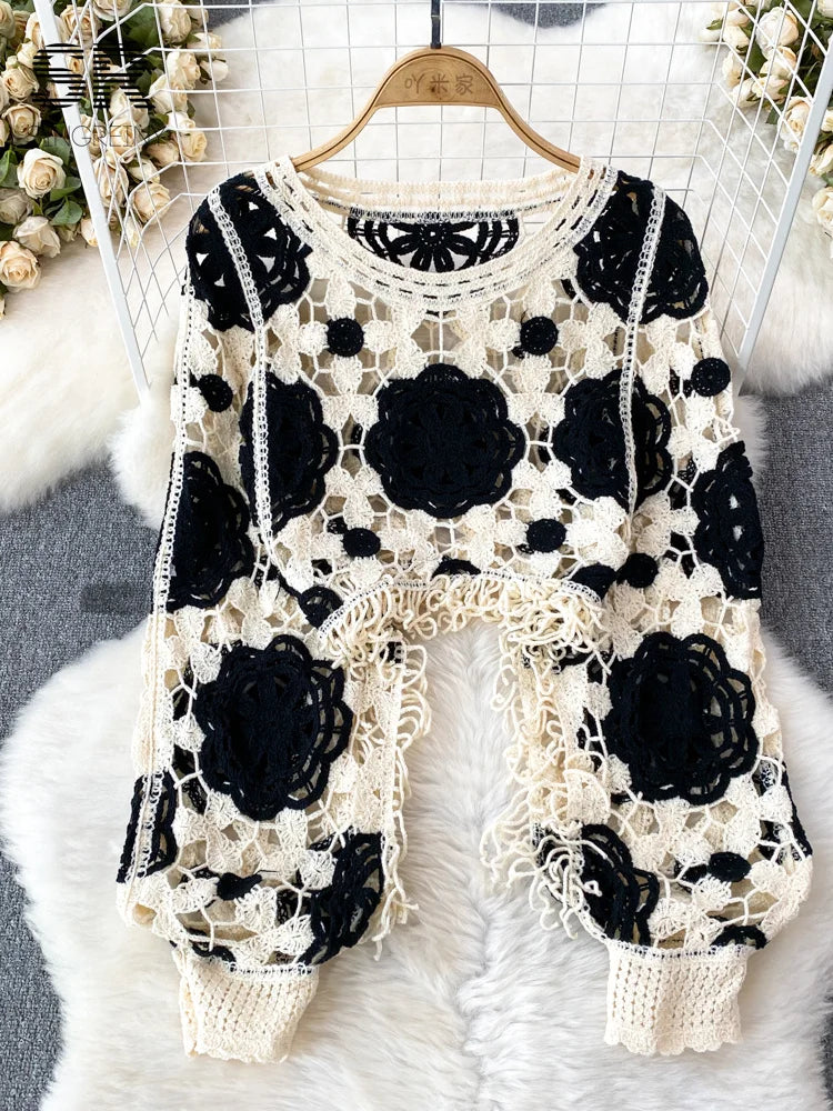 SINGREINY Sunscreen Hook Summer Knit Top Women Elegant O Neck Hollow Out Lantern Sleeve Ladies Vacation Tassel Beach Blouse black One Size