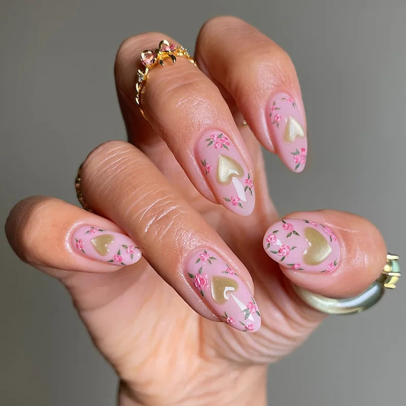 24Pcs Nude Pink Press on Fake Nails with Flower Design Short Almond French False Nails Golden Stripes Manicure Wearable Nail Tip 1893