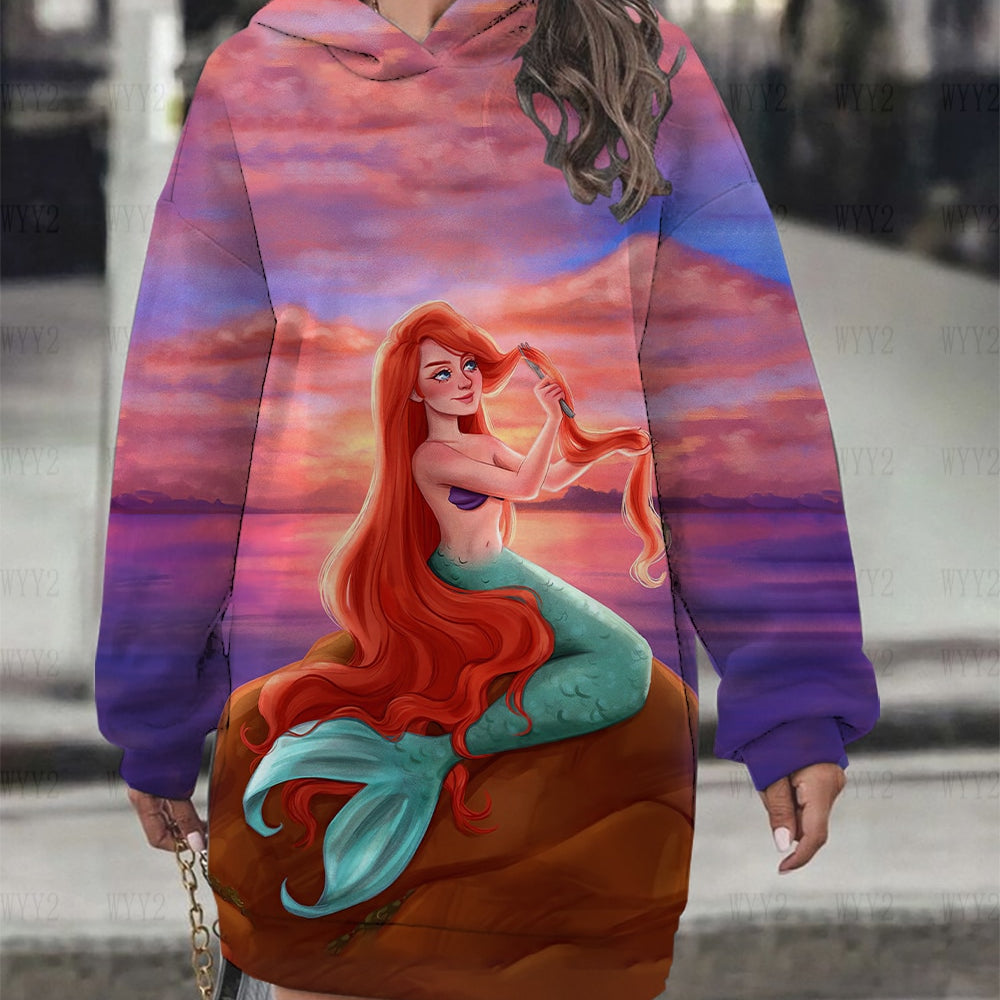 Women's Hoodie Dress Fall Fashion Print Long Sleeve Hooded Dress Women Disney Mermaid Women's Sweatshirt Streetwear YNSLMS017