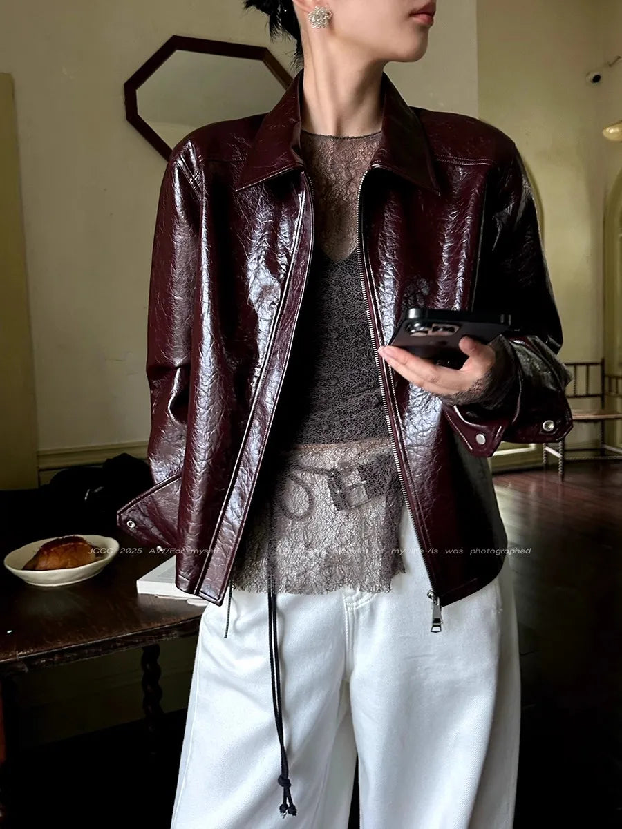 Lautaro Spring Autumn Short Pu Leather Jacket Women Zippper Turn-Down Collar High Quality Luxury Designer American Retro Clothes