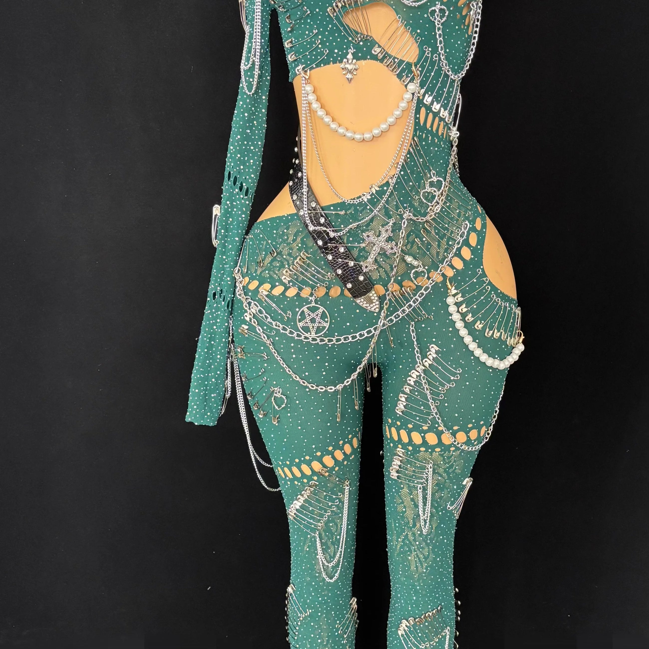 Sexy Shining Pearl Chain One Shoulder Hollow Out Jumpsuit 2025 New Women Birthday Party Nightclub Singer Performance Stage Wear green