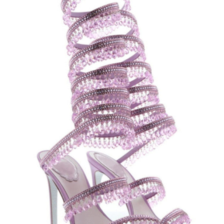 Women's New Rhinestone Sandals Fashion Tassel Crystal Shoes Sexy Nightclub Banquet Party Twining Stiletto Women's Sandals Purple long style