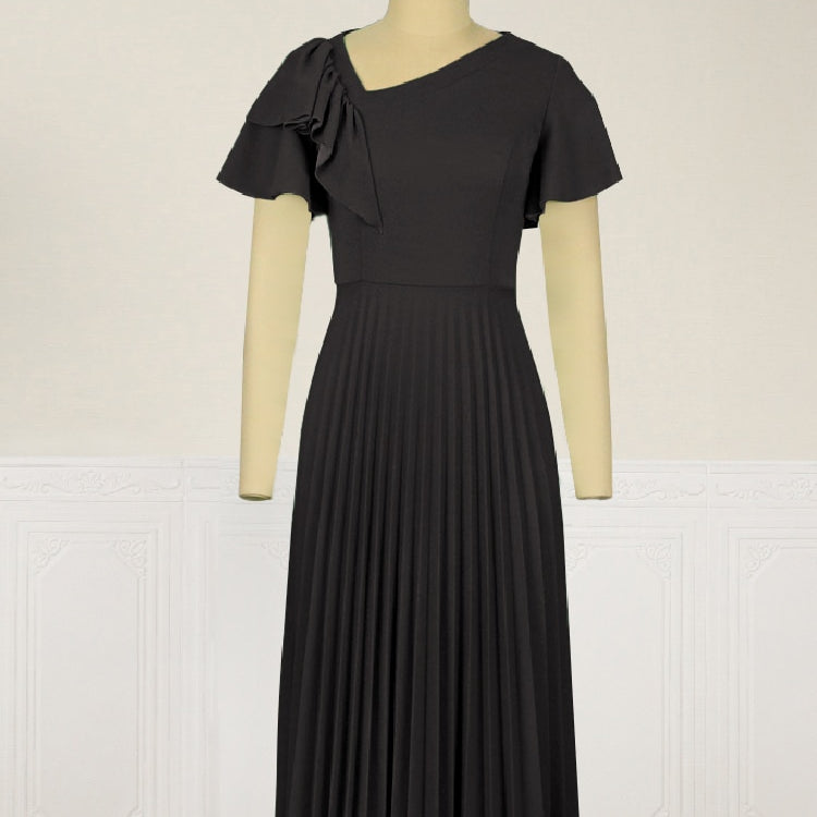 Women Pleated Midi Dresses Short Sleeve Ruffles Elegant Green Yellow A Line Spring Summer Chic Fashion Gown Party Birthday Robes Black