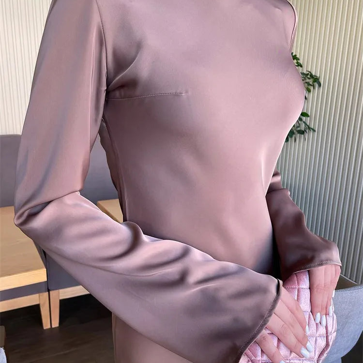 Satin Fashion Slim Maxi Dress For Women Long Sleeve High Waist Elegant Solid Party Dress Casual Luxury Ladies Autumn Dress