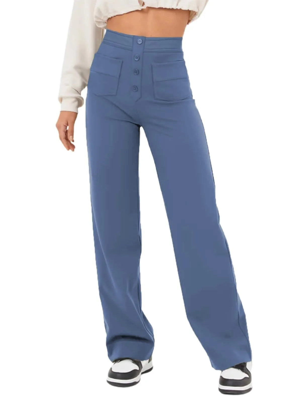Women's High-waisted Elastic Casual Trousers Fashionable Casual Straight-leg Pants Buttoned Elegant Casual Pants Light Blue