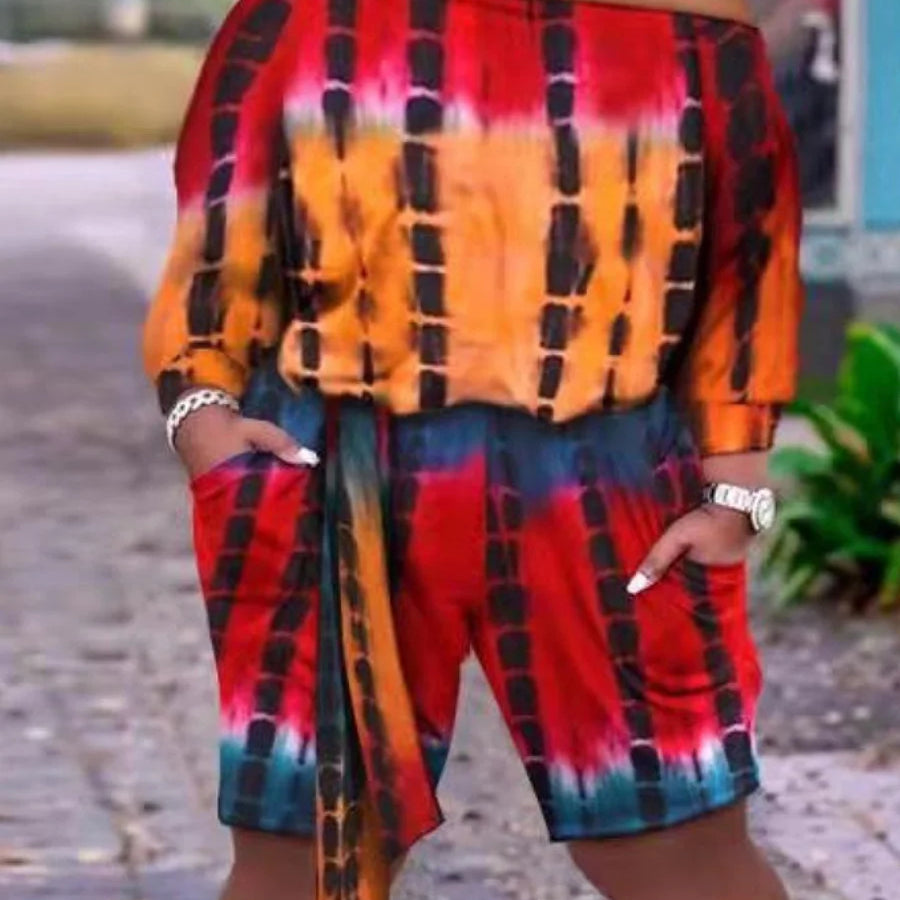 LW Plus Size shorts Two pieces sets casual long sleeve Tie Dye Bandage Top + Shorts Set 2024 NEW Spring summer Fashion 2pcs set Yellow