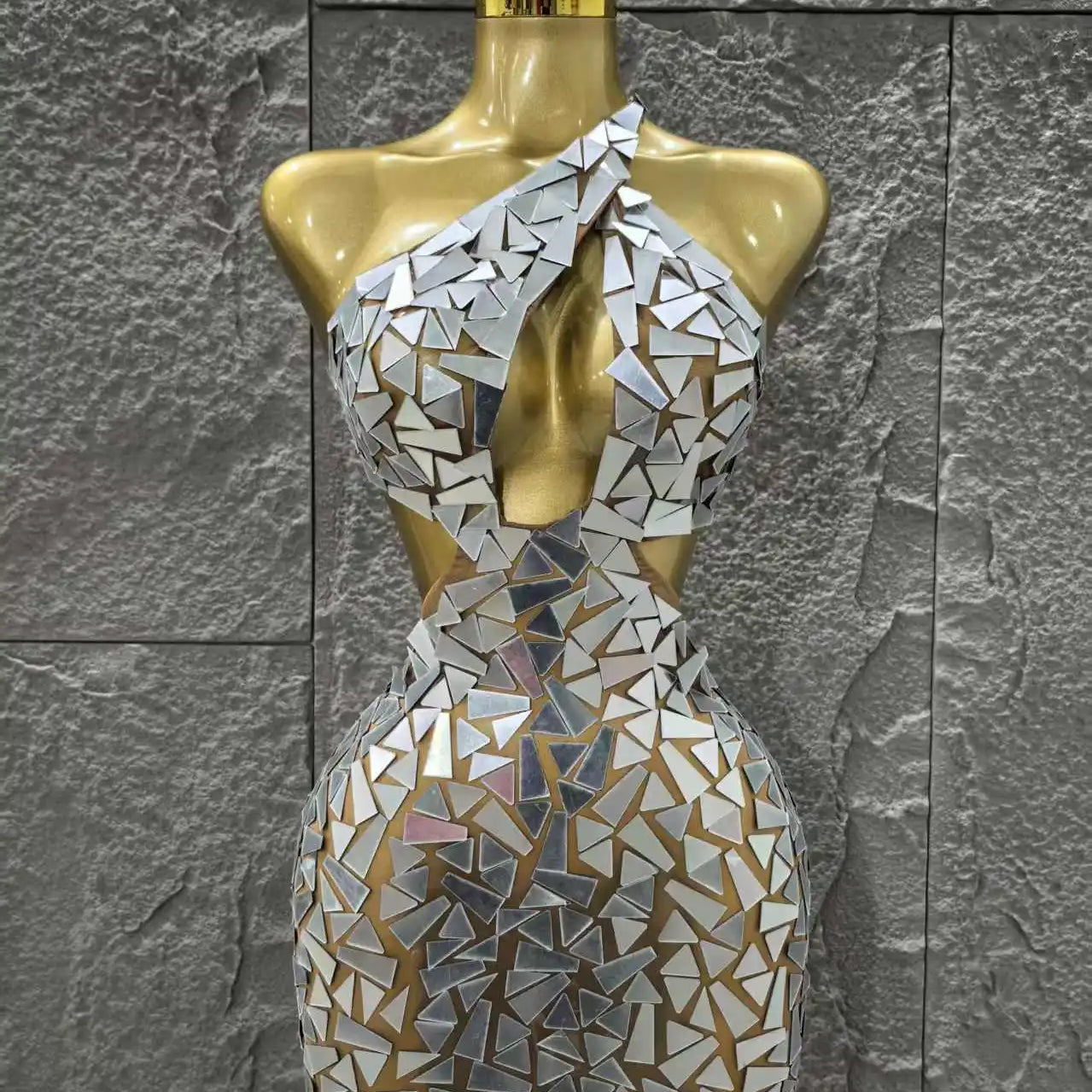 Silver Color Women Sexy One Shoulder Shinning Mirrors Bodycon Mini Dress Nightclub Party Celebrate Birthday Photo Shoot Dress Silver