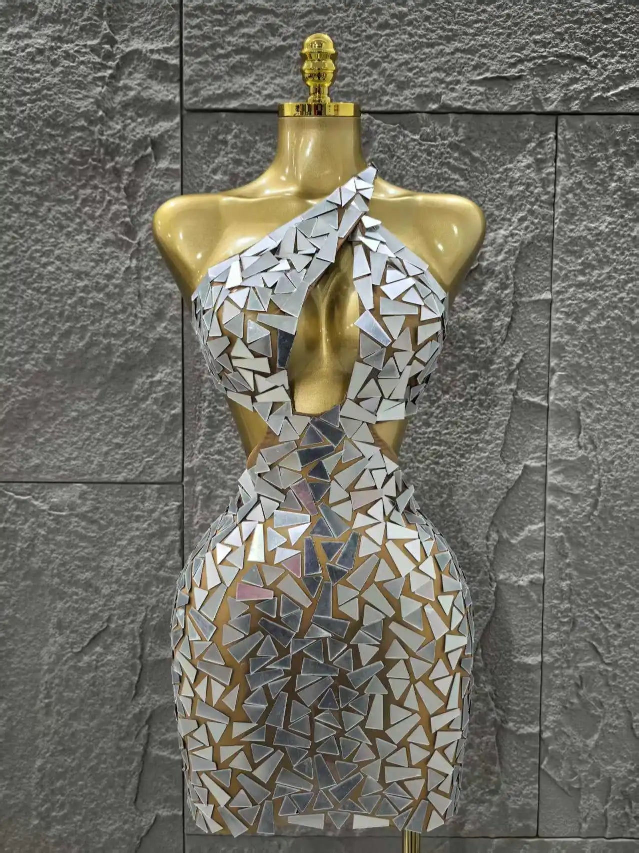 Silver Color Women Sexy One Shoulder Shinning Mirrors Bodycon Mini Dress Nightclub Party Celebrate Birthday Photo Shoot Dress Silver