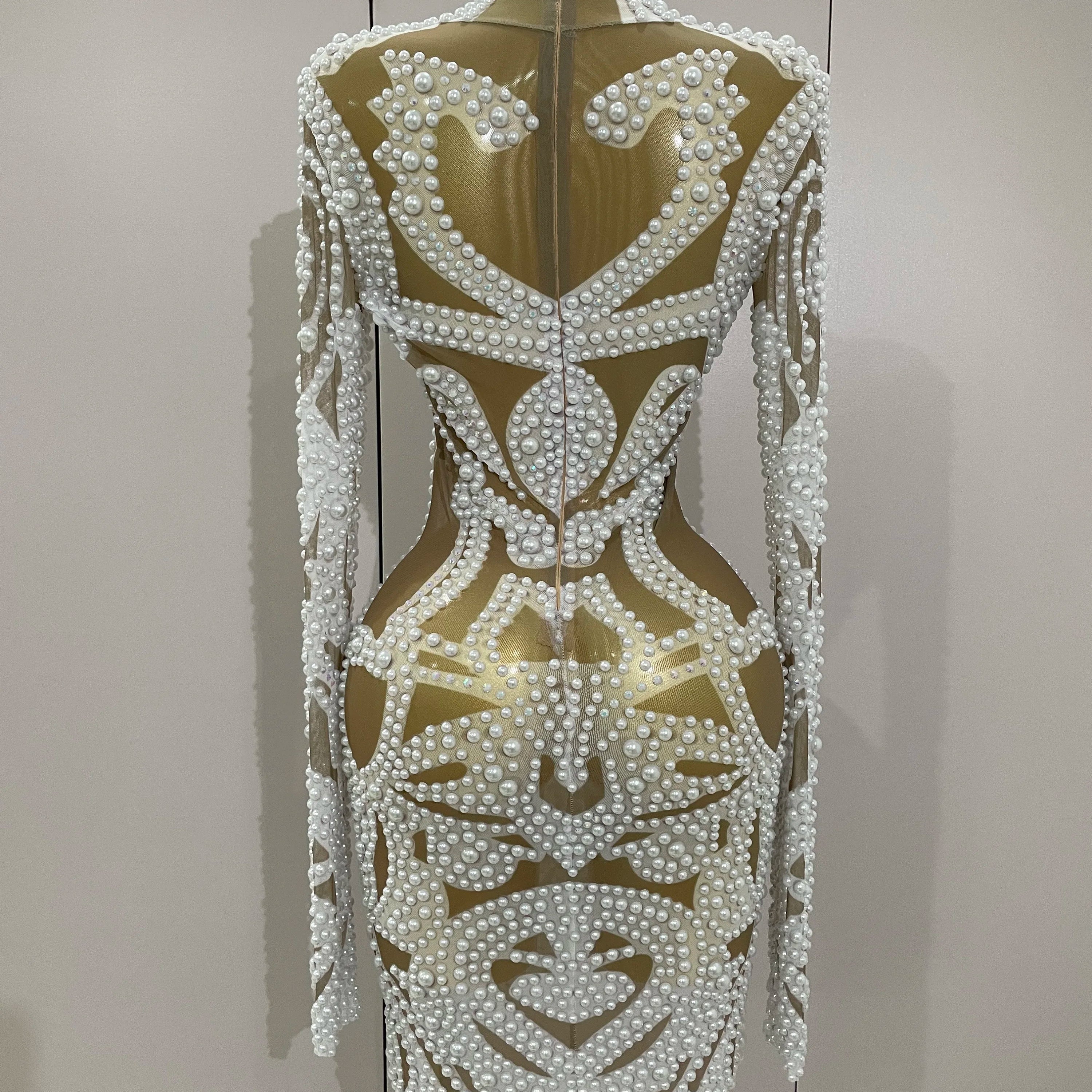 2025 New High-end Elegant Evening Gown AB Rhinestones Pearls Luxury Long Sleeves Mesh Dress Women Cocktail party Wedding Costume