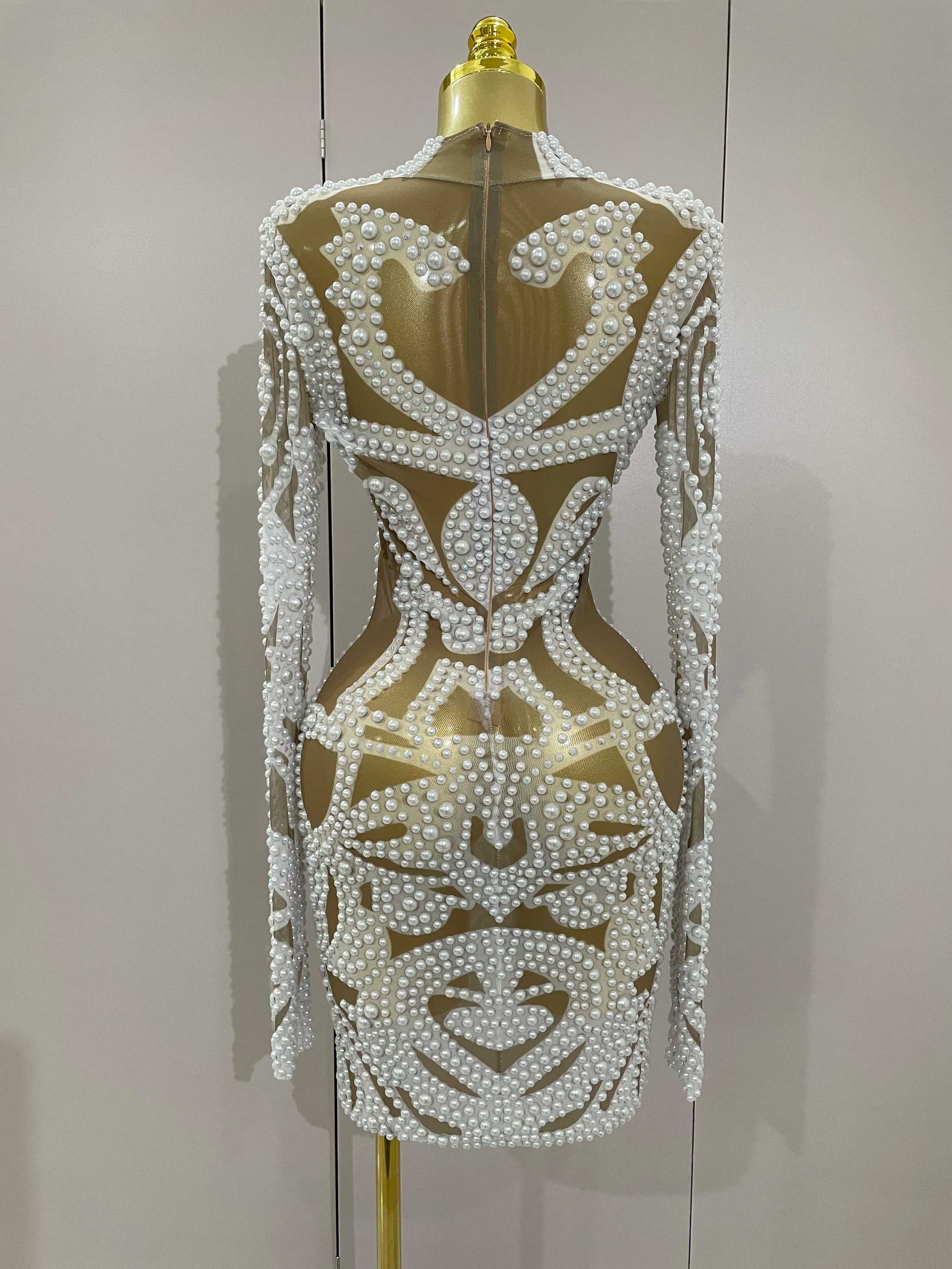 2025 New High-end Elegant Evening Gown AB Rhinestones Pearls Luxury Long Sleeves Mesh Dress Women Cocktail party Wedding Costume