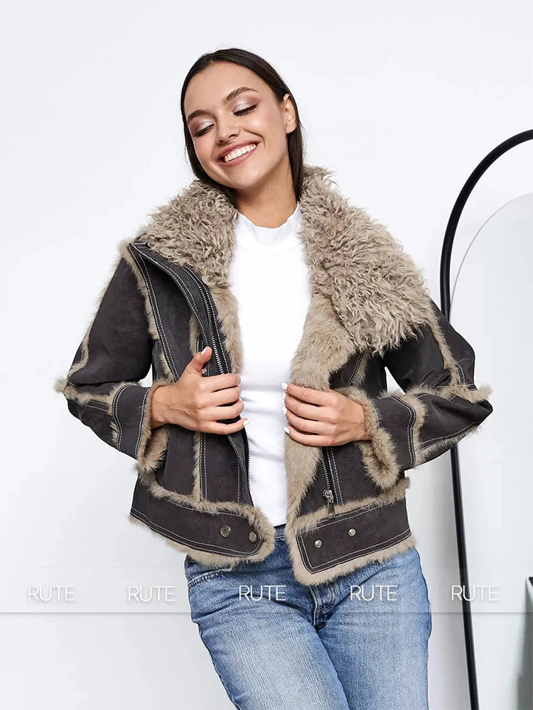 fur coat women winter 2024 Sheepskin Fabric Sheepskin O-Neck Rabbit fur lining Short jacket Fashionable luxury Women's clothing Light brown